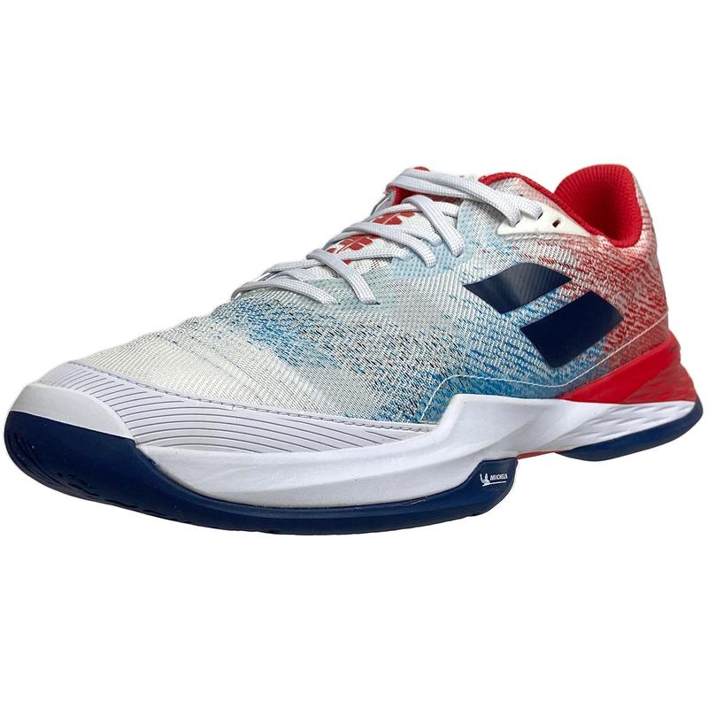 Image de Babolat - Chaussures de Tennis Jet Mach 3 AC Blanche/Bleu/Rouge disponible sur ekwip